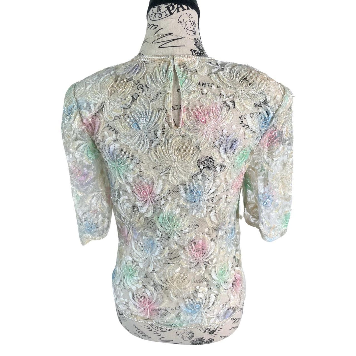 80s Sheer Beaded Lace Top