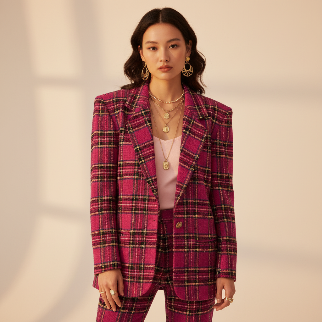 80s Pink Plaid Wool Blend Blazer