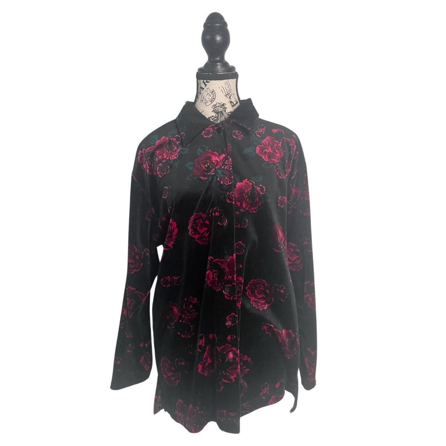 90s Dark Floral Velvet Button Up Shirt