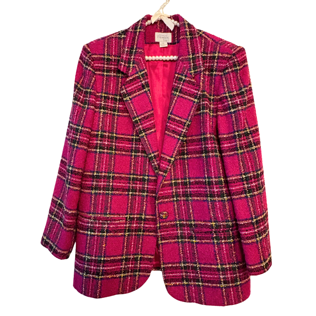 80s Pink Plaid Wool Blend Blazer