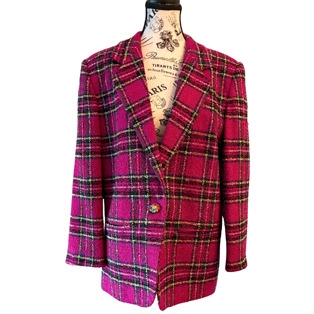 80s Pink Plaid Wool Blend Blazer