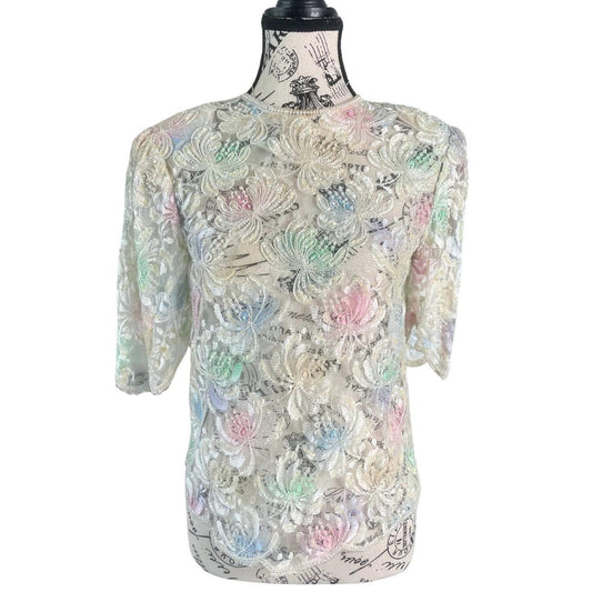 80s Sheer Beaded Lace Top