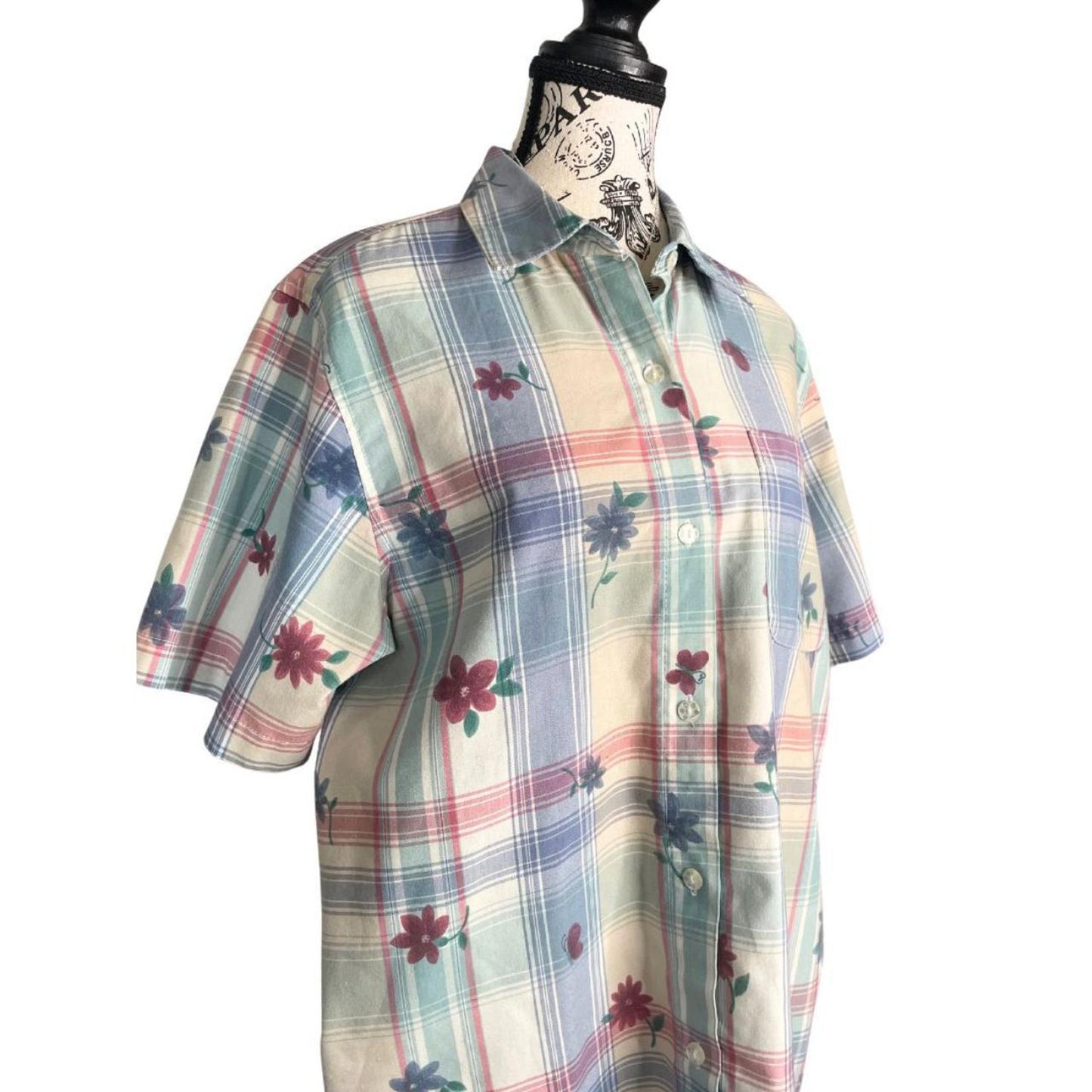 90s Pastel Plaid Floral Shirt
