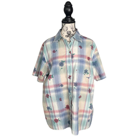 90s Pastel Plaid Floral Shirt