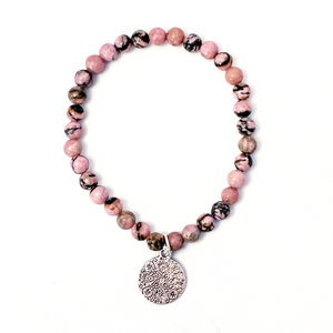 Rhodonite Bead Bracelet with Mandala Charm